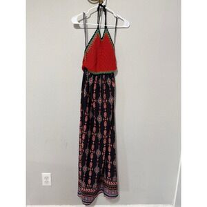 Forever 21 Maxi Dress Womens Small Black Red Crochet Halter Boho Medallion Print